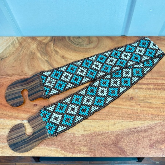 Handmade Beaded Geometric Waist Belt Turquoise Brown Wood Buckle Retro 33 Inch - Picture 3 of 9
